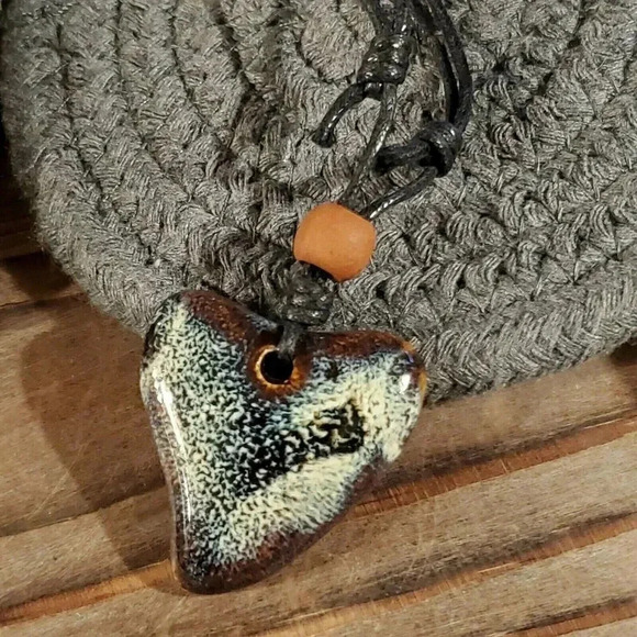 Hand Crafted Artsy Heart Glazed Blue Brown Cream Porcelain Pendant Necklace - Picture 2 of 7